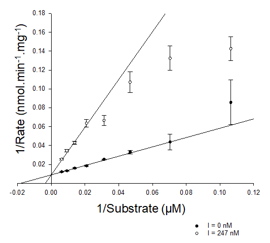 <ul><li><p>K<sub>m</sub> increases. X-intercept changes</p></li><li><p><span><strong><em><span>K</span></em><sub><span>m</span></sub><span>(I) = </span><em><span>K</span></em><sub><span>m</span></sub><span> (1 + [I]/</span><em><span>K</span></em><sub><span>i</span></sub><span>)</span></strong></span></p></li></ul><p><strong><em>K</em><sub>m</sub>(I)</strong> = apparent Km (with inhibitor)</p><p><strong>[I]</strong> = inhibitor concentration</p><p><strong><em>K</em><sub>i</sub></strong> = inhibition constant (strength of inhibitor)</p><ul><li><p>No change in V<sub>max</sub>. Y-intercept does not change</p></li><li><p>Inhibition decreases with increased substrate concentration</p></li></ul><p></p>