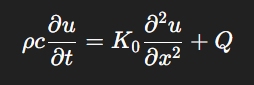 <p>u(x,t) is temperature, c is specific heat, rho is mass density (Mass per unit volume), K<sub>0</sub> is the coefficient of proportionality (measures the ability of a material to conduct heat, called thermal conductivity), x is position and Q is heat energy per unit volume. (1.2 Haberman) (Exam 1 Material)</p>