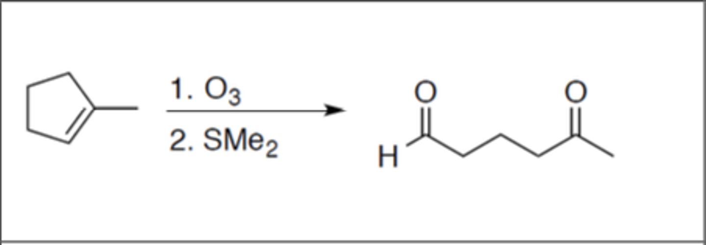 <p>Carbocation: no</p><p>Regiochemistry: N/A</p><p>Stereoselectivity: N/A</p><p>Reagent(s): 1. O3 2. SMe2</p><p>- addition of =O on both carbons the alkene was attached to</p>