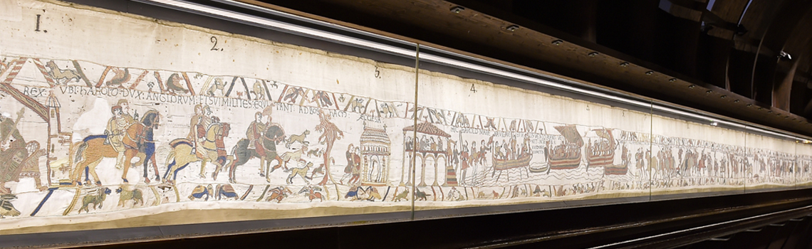 <p>Bayeux Tapestry</p><ul><li><p>Romanesque Europe.</p></li><li><p>c. 1066-1080 C.E.</p></li><li><p>Embroidery on linen</p></li></ul><p>The Bayeux Tapestry has been much used as a source for illustrations of daily life in early medieval Europe. It depicts a total of 1515 different objects, animals and persons . Dress, arms, ships, towers, cities, halls, churches, horse trappings, regal insignia, ploughs, harrows, tableware, possible armorial changes, banners, hunting horns, axes, adzes, barrels, carts, wagons, reliquaries, biers, spits and spades are among the many items depicted</p>