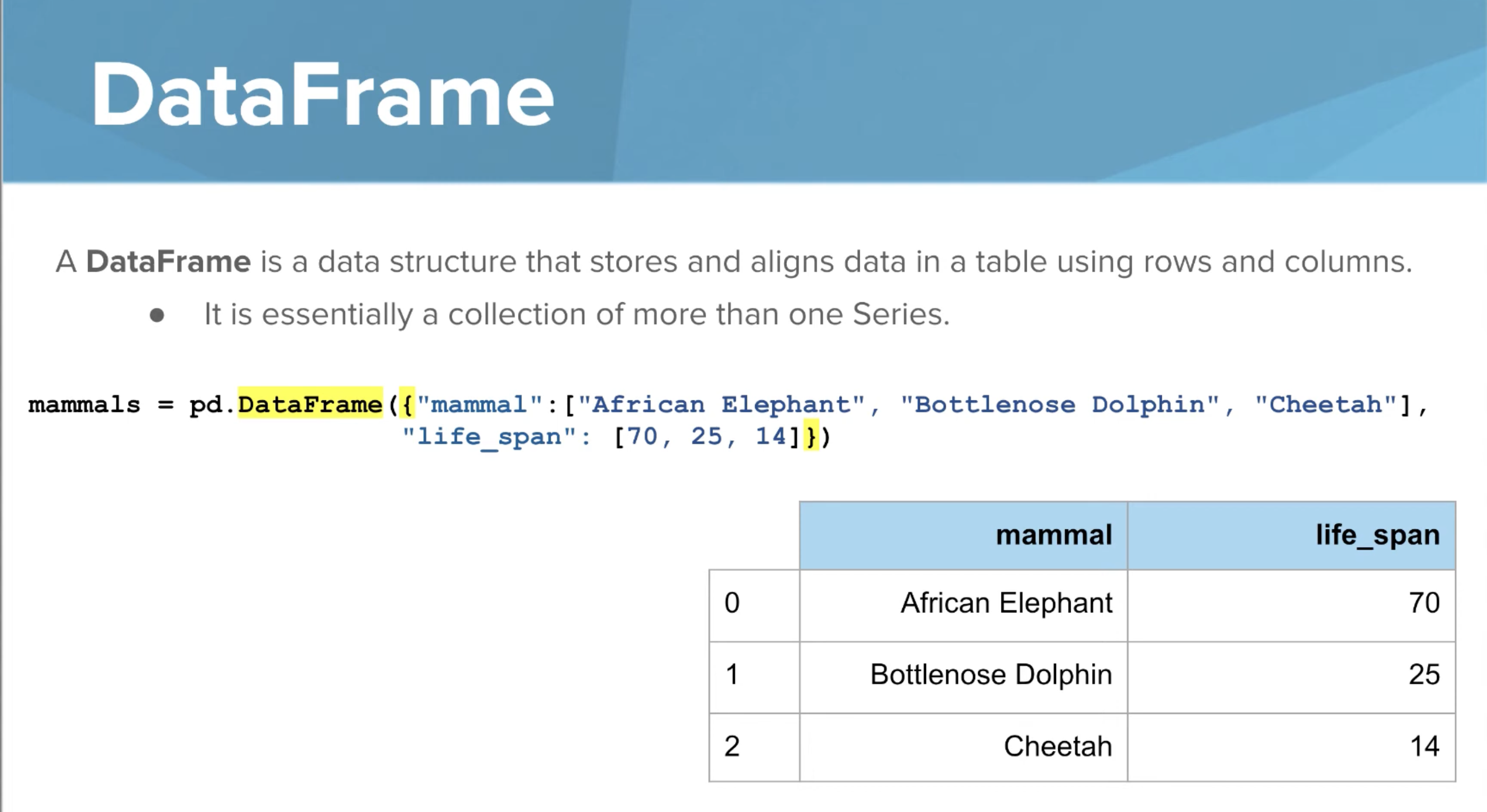 <p>A data structure that stores and aligns data in a table using rows and columns</p><ul><li><p>Essentially a collection of more than one series. </p></li></ul><p></p>