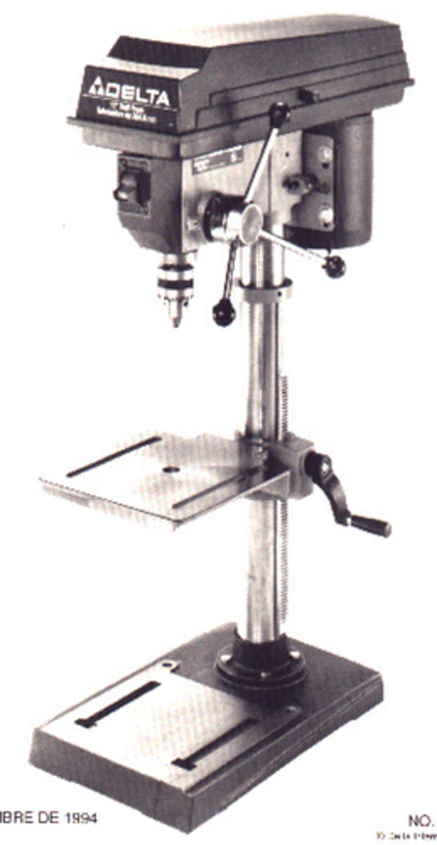 <p>Stationary power drill used for:<br>- Drilling through metal and wood<br>- Clamp material before use<br>- Table raises and lowers<br>- Adjustable speed<br>- Good for repetition</p>