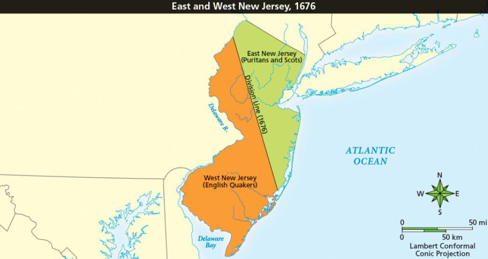 <ul><li><p>Est. by Eng. to connect Southern + New England colonies</p></li><li><p>tolerant —&gt; attracted diverse groups</p></li><li><p>West: Quakers, East: Puritans</p></li></ul><p></p>