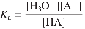 <p>An equilibrium constant for the dissociation of an acid (HA) in H2O to yield the conjugate base (A−) and H3O+</p>