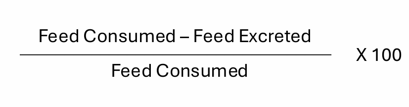 <p>(Feed Consumed – Feed Excreted/Feed Consumed) X 100</p>