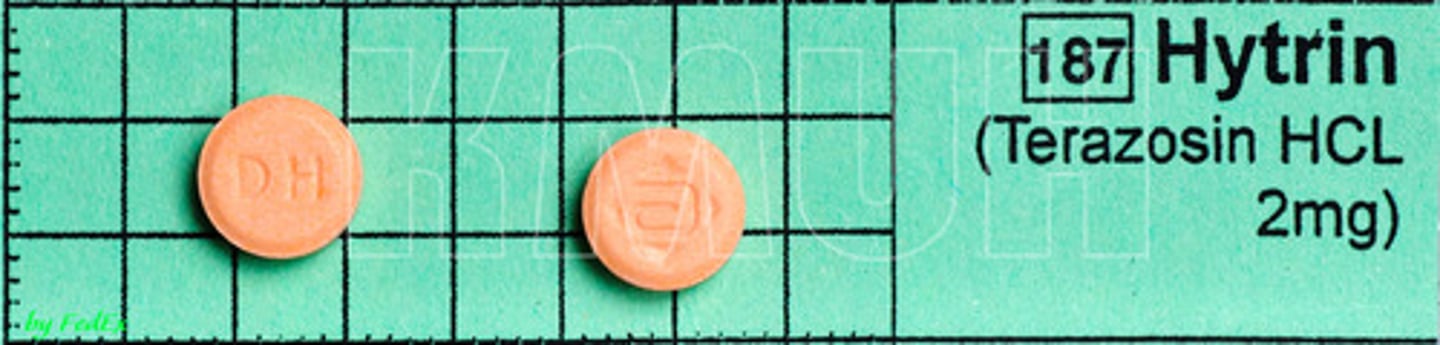 <p>Terazosin</p><p>Alpha-1 blocker</p><p>BPH </p>