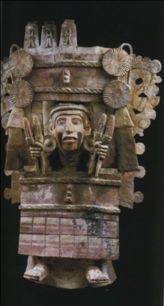 <ul><li><p><span>associated with fertility</span></p></li><li><p><span>Another “impersonator” (priest wearing costume of deity)</span></p></li><li><p><span>Ceramic assemblage, architectural</span></p></li></ul><p></p>