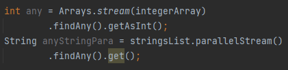 <p>Returns an <code>Optional</code> describing any element of the stream (useful for parallel streams).</p>