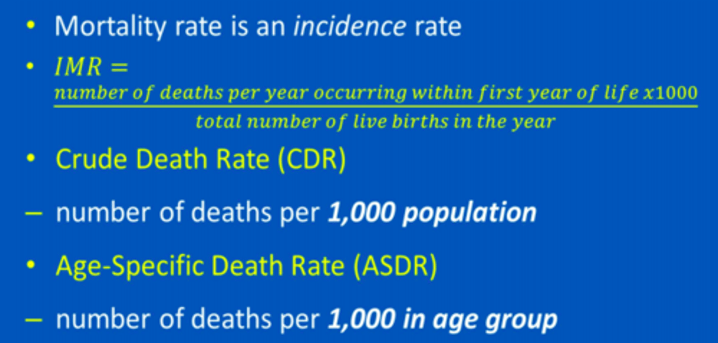 <p>1) Infant Mortality Rate (IMR)</p><p>2) Crude Death Rate (CDR)</p><p>3) Age-Specific Death Rate (ASDR)</p>