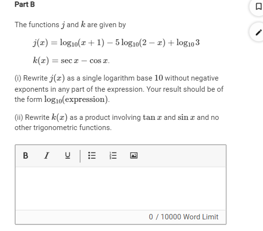 <p><span>(i) Rewrite&nbsp;𝑗𝑥&nbsp;as a single logarithm base&nbsp;10&nbsp;without negative exponents in any part of the expression. Your result should be of the form&nbsp;log10expression.</span></p>