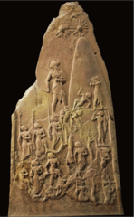<p>-Pink sandstone, 6&apos; 7&quot; high -Stele = vertical, carved stone -Similar to gravestone -War monument, tells a story -Commemorates victory over Lulubai (nomadic neighbors) -King shown with bull-horned helmet only worn by gods (king is a god) -Stars show the gods approval</p>