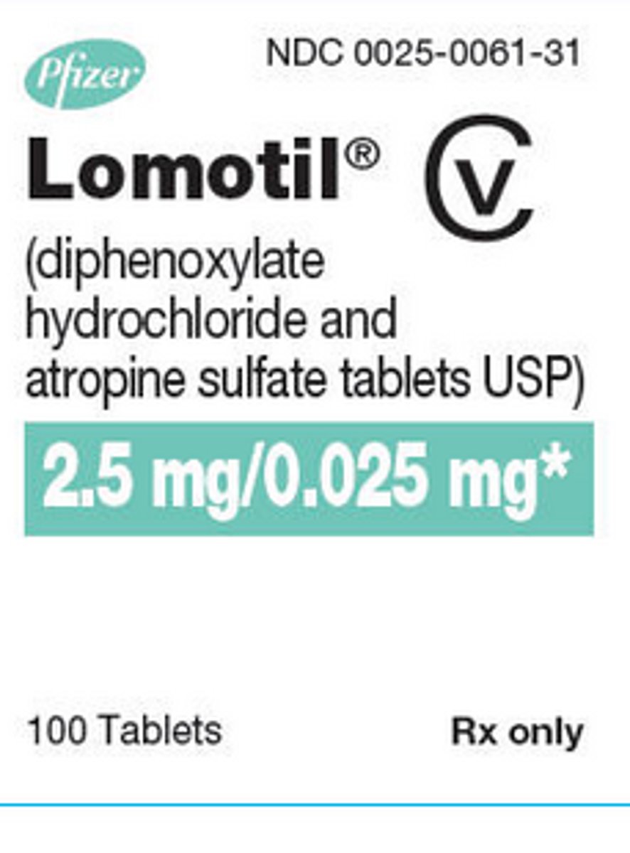 <p>Lomotil (Rx)</p><p>- opium derivative that lowers GI motility + anticholinergic (to lower abuse &amp; additive effect)</p><p>- side effects: cholinergic bc of atropine</p>