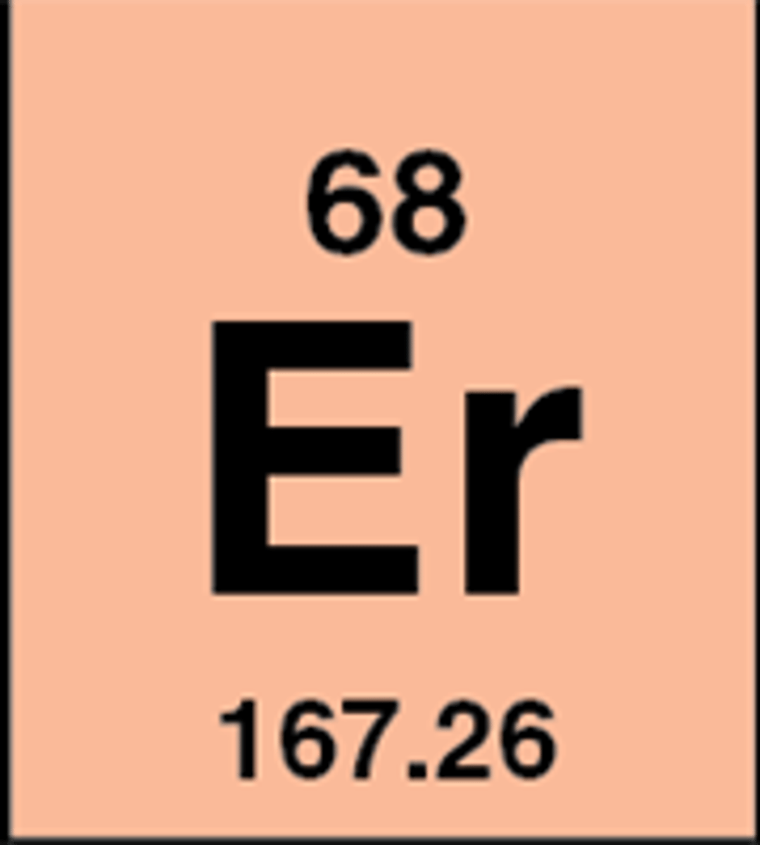 <p>Symbol: Er<br>Atomic Mass: 167.3<br>Atomic Number: 68</p>