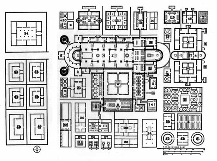 <p>Stiftsbibliothek, Saint Gall, Switzerland c. 817; original in red ink on parchment; one of the monks couldn't make it to the meeting to decide monastery building plan, so another monk took notes for him with sketches of the building; Medieval art</p>