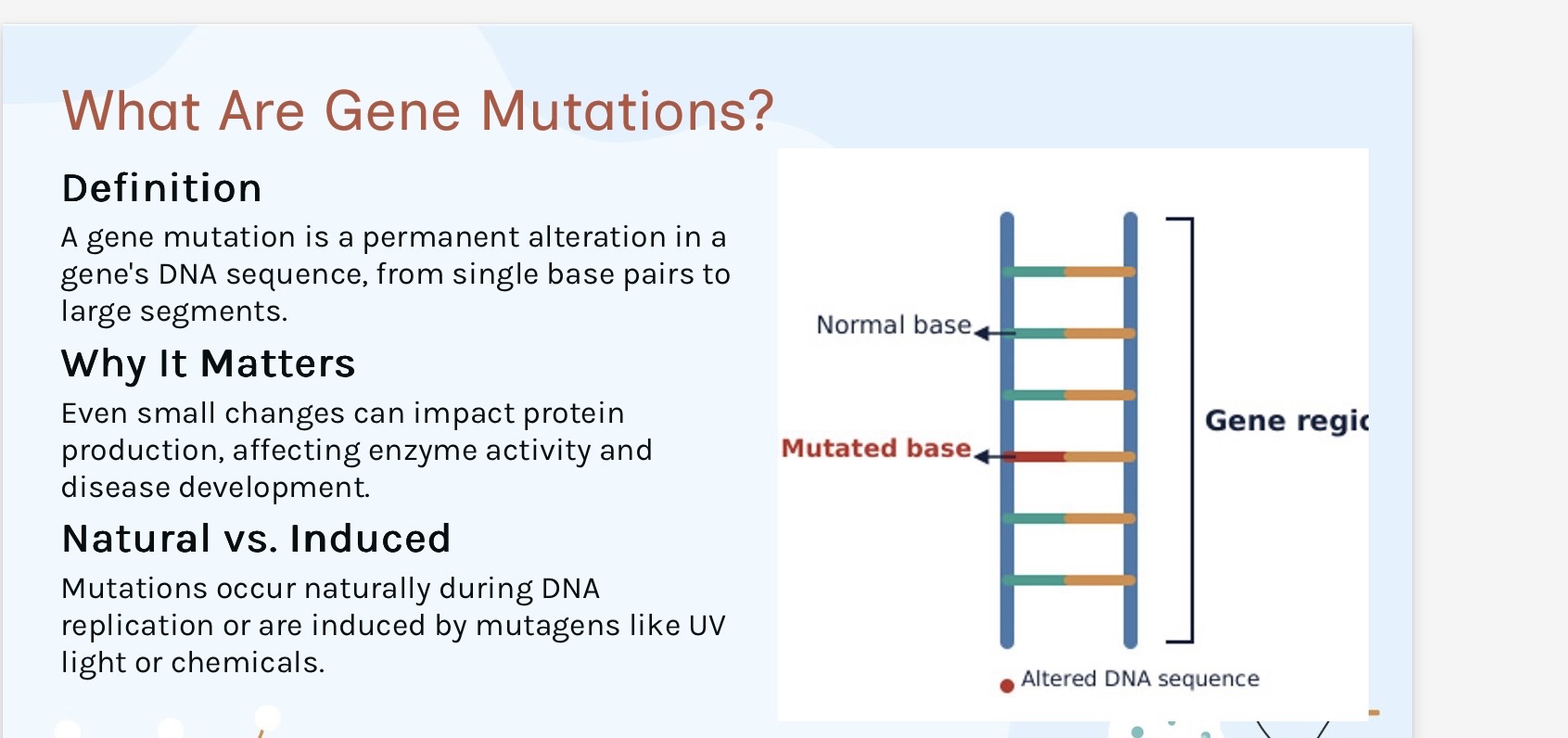 <p>1.What is a mutation,codon,frameshift and an allele?</p><ol start="2"><li><p>What are gene mutations?</p></li><li><p>Even small changes can impact protein …3?, affecting …4? activity and disease development.</p></li><li><p><span>Natural vs. Induced</span></p></li></ol><p><span>Mutations occur naturally during DNA …5? or are induced by …6? like UV light or chemicals.</span></p><p></p>