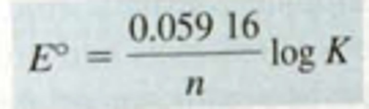 <p>E°= standard reduction potential (ActA=ActB=1)</p><p>n= number of electrons in the half-reaction</p><p>K= equilibrium constant</p>
