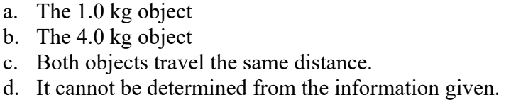 <p>A 4.0 kg object is moving with speed 2.0 m/s. A 1.0 kg object is moving with speed 4.0 m/s. Both objects encounter the same constant braking force, and are brought to rest. Which object travels the greater distance before stopping?</p>