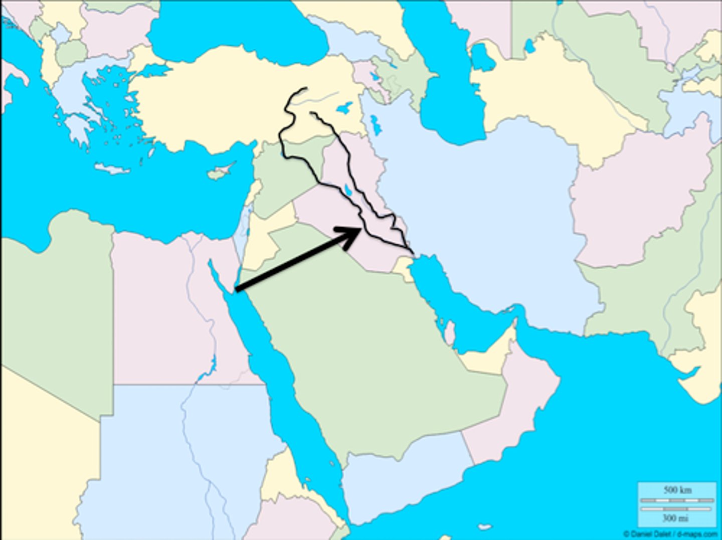 <p>one of the two largest rivers in Southwest Asia that flow from the mountains in Turkey to the Persian Gulf. This river is west of the other one.</p>