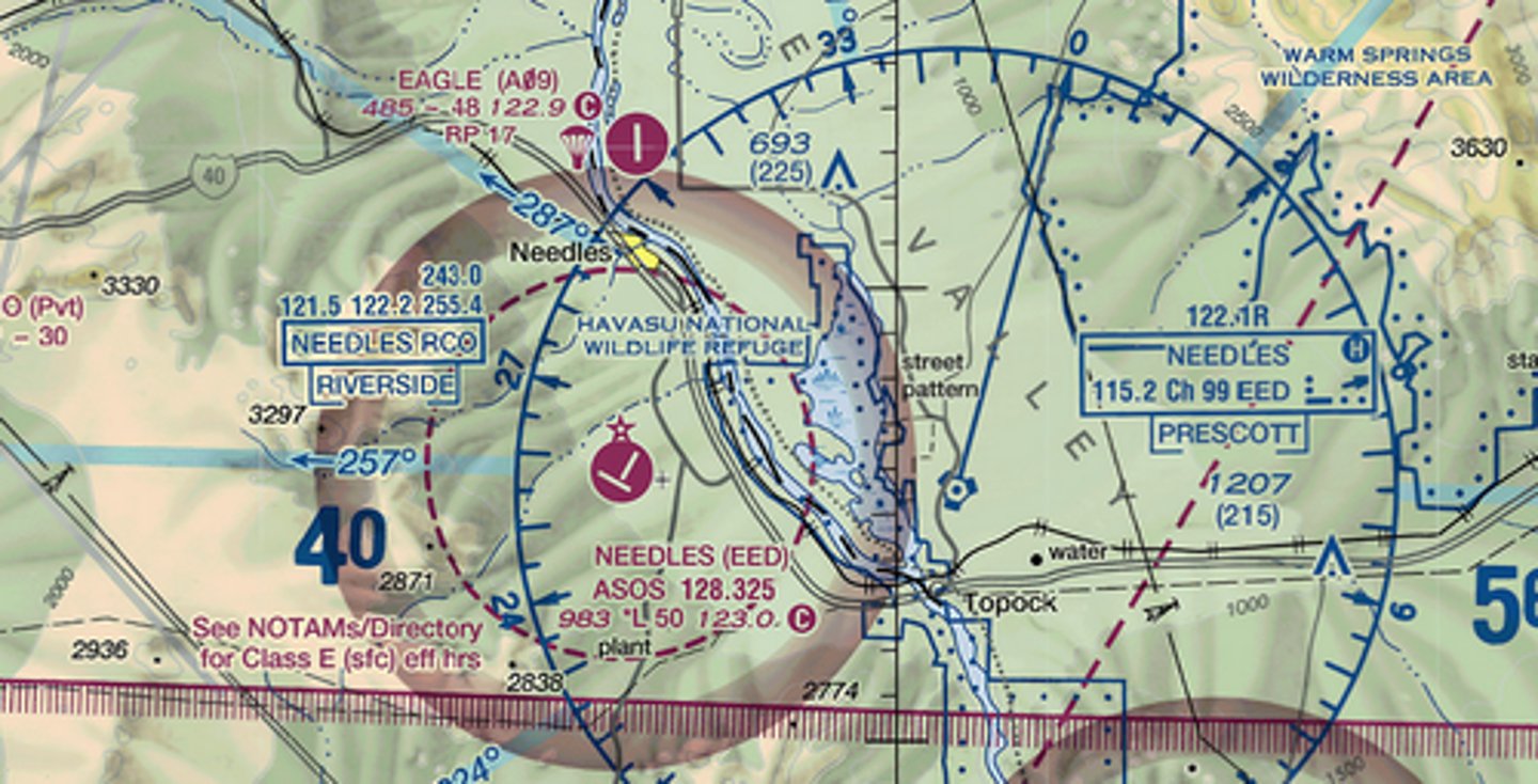 <p>The dashed magenta line over Needles Airport indicates that Class E airspace may begin at ____ feet MSL</p><p>[5000] / [1983]</p><p>[985] / [50]</p>