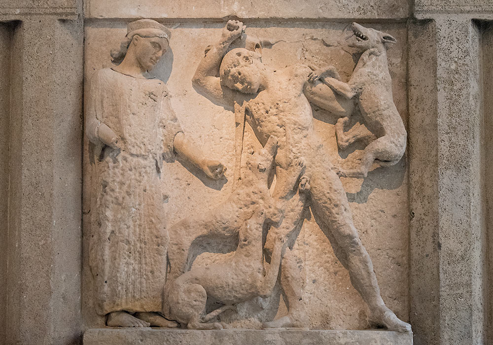 <p>Selinunte, Temple E (Heraion): Metope with Artemis and the punishment of Actaeon, Greek, c. 470-460 BCE</p>
