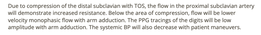 <p>b) increased resistance in prox subclavian artery on affected side w/arm abduction </p>