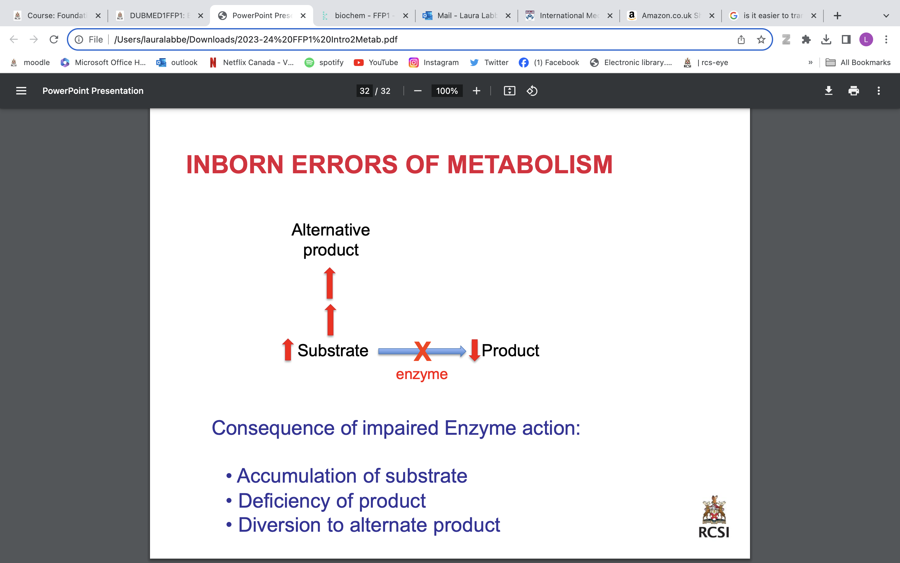 <p>usually:</p><ul><li><p>dna transcribed to rna and translated to protein</p></li></ul><p></p><p>inborn errors of metabolism</p><ul><li><p>mutation in gene→ defective protein→ impaired function→ disorder/ disease</p></li></ul><p></p><p>Consequence of impaired Enzyme action: </p><p>• Accumulation of substrate </p><p>• Deficiency of product </p><p>• Diversion to alternate product</p>