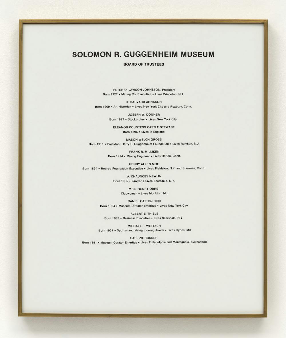<p>“Soloman R. Guggenheim Museum Board of Trustees” Hans Haacke, 1971</p>