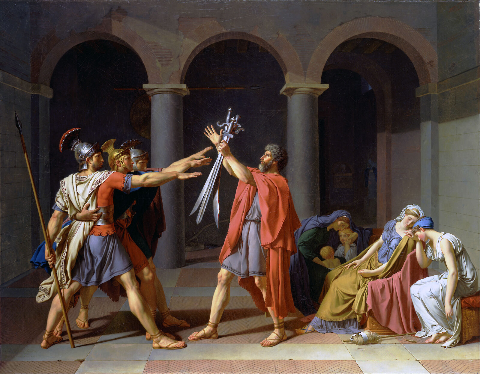 <p>Neoclassicism history painting. Women are curved and passive, posed like victims. Men are tall and rigid. Vanishing point on father’s hand. Patriotic fervor and civic virtue. Saturated and bold colors. Strong verticals. Triangles: stable and harmonious. Only key figures to represent story. Classical Roman arches. Ancient clothing. </p>