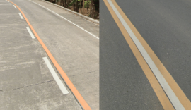 <p>Combined yellow and white road stripes with yellow having a slightly orange hue</p>