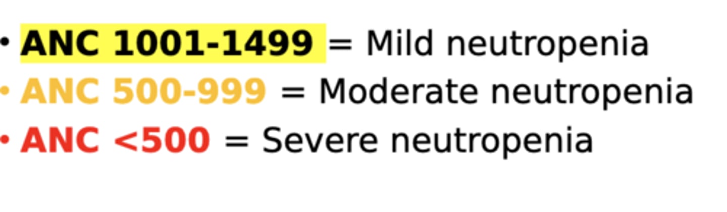 <p>-ANC 1001-1499 = mild neutropenia</p><p>-ANC 500-999 = moderate neutropenia</p><p>-ANC <500 = severe neutropenia</p>