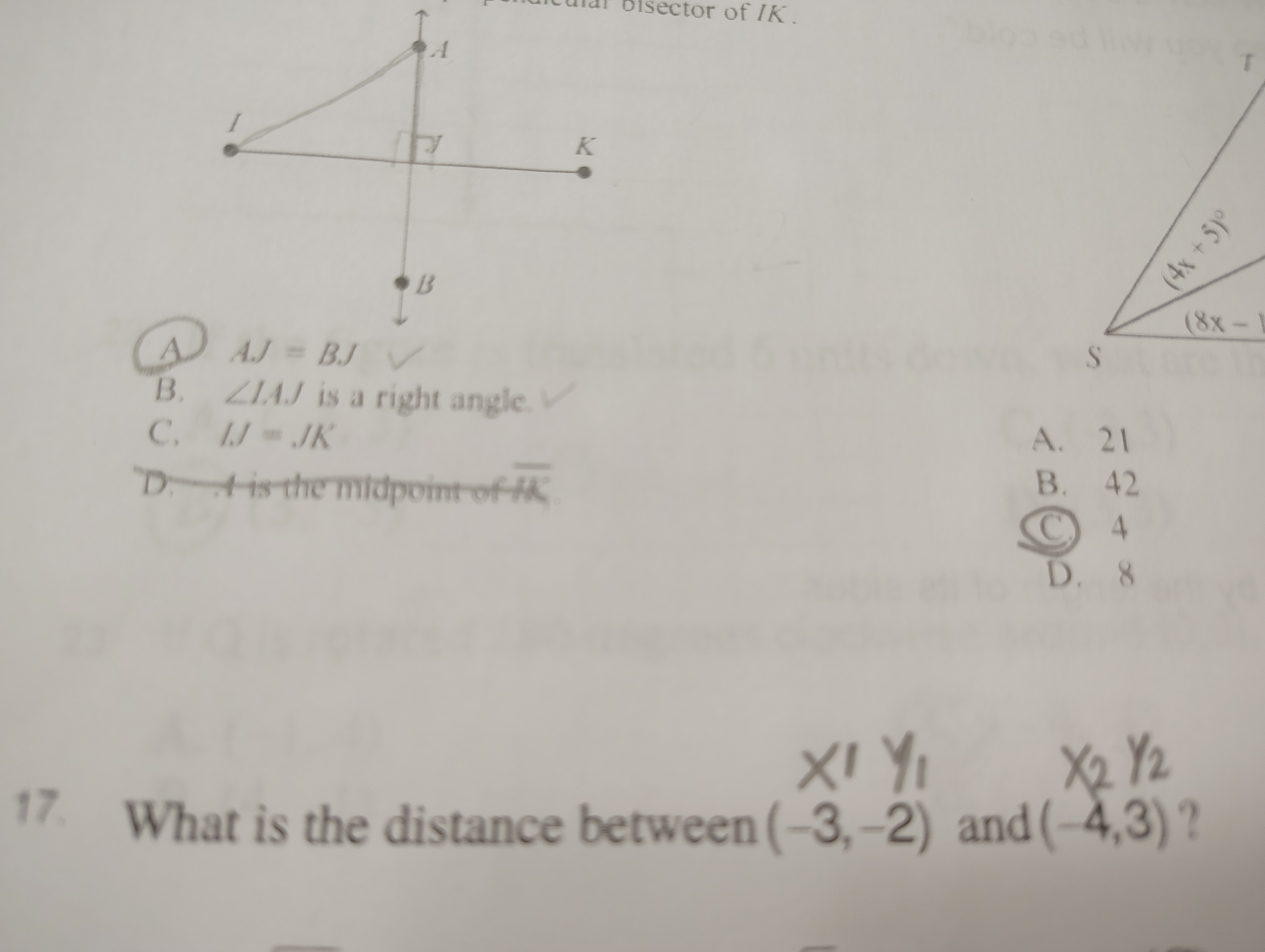 <p>What is the distance between (-3,-2) and (-4,-3)</p>