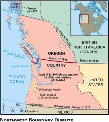 <ul><li><p>John Tyler annexed Texas before his term ended (Polk’s idea 1st). Border disputes with Mexico remained</p></li><li><p>Oregon Treaty of 1846 (compromise. Didn’t actually fight Britain)- fixed current border with Canada at 49th parallel. Split territory </p></li><li><p>Highlights how Polk was willing to settle diplomatic solution with Britain while simultaneously behaving aggressively in Mexican-American War </p></li></ul><p></p>