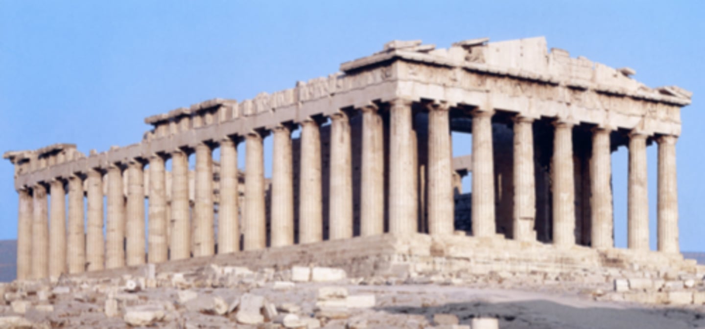 <p>Architects: Iktinos and Kallikrates Combines Doric exterior with Ionic interior elements. Optical refinements:</p><p>Stylobate and entablature curve upward.</p><p>Columns lean inward slightly.</p><p>Corner columns are closer together.</p><p>Entasis: subtle bulge in columns for visual correction.</p>