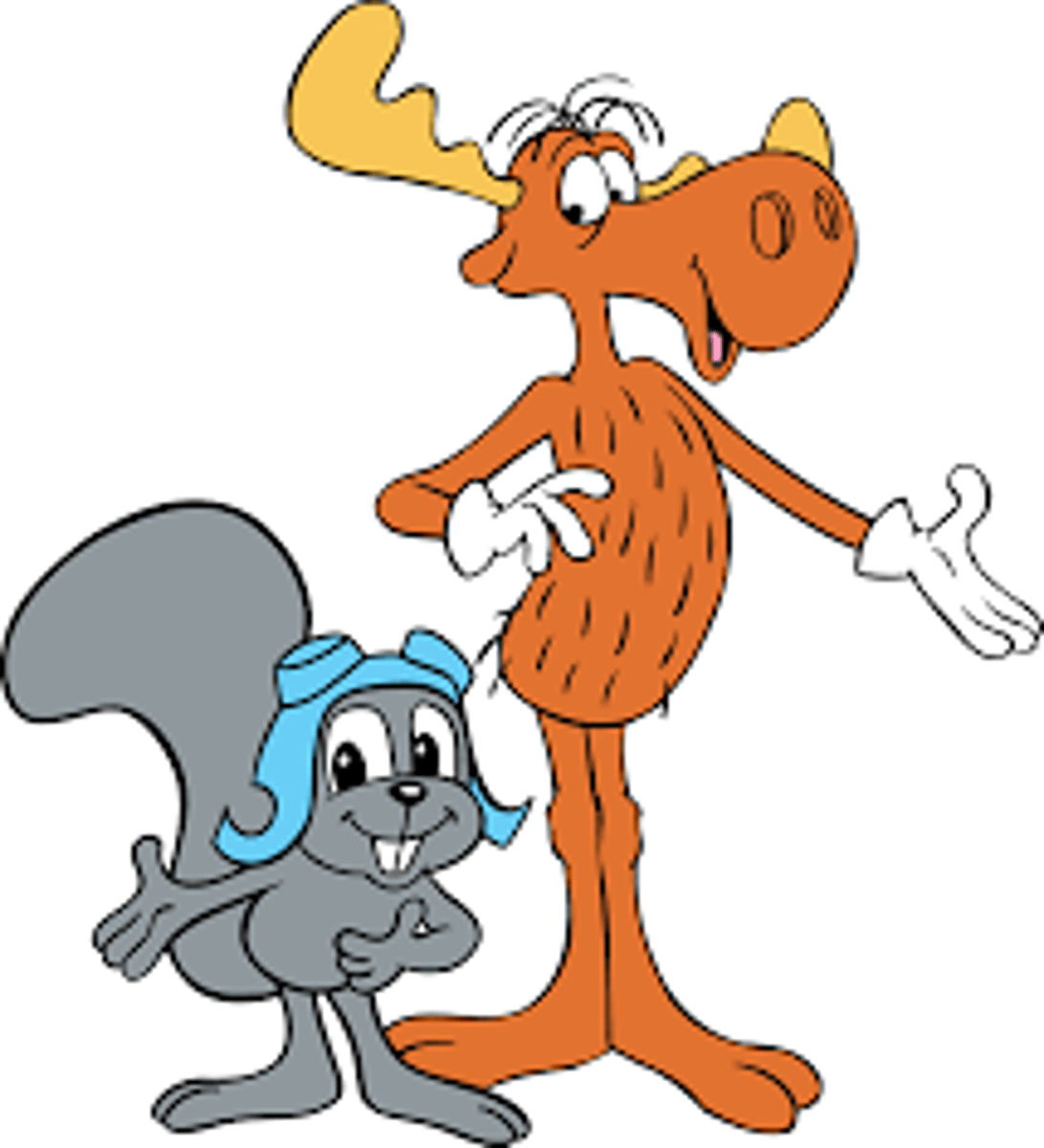 <p>aka ROCKY &amp; HIS FRIENDS and THE BULLWINKLE SHOW</p><p>Supporting segments include Dudley Do-Right (satire of old-time melodrama), Peabody's Improbable History (a dog and his pet boy, Sherman, traveling through time), and Fractured Fairy Tales (classic fairy tales retold as parodies)</p><p>From Jay Ward, Alex Anderson (Crusader Rabbit) and Bill Scott, the outsourced animation for the series ranged from just bad to awful, but fit the show's anarchic style.</p><p>Written for adults, designed to look crappy bc they didn't have a lot of money</p>