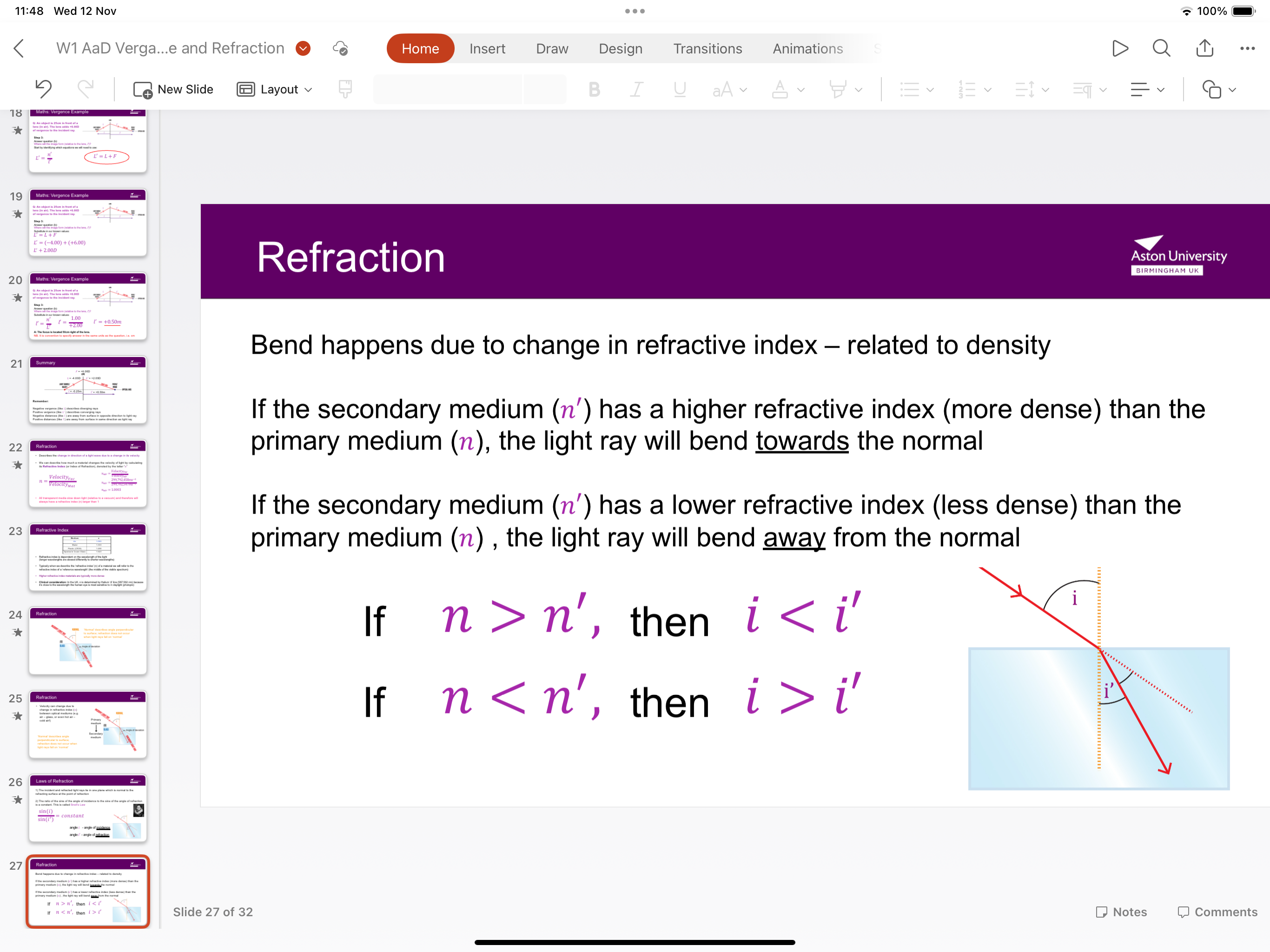 <p>Secondary medium is more dense so light ray moves towards the normal and vice versa </p>