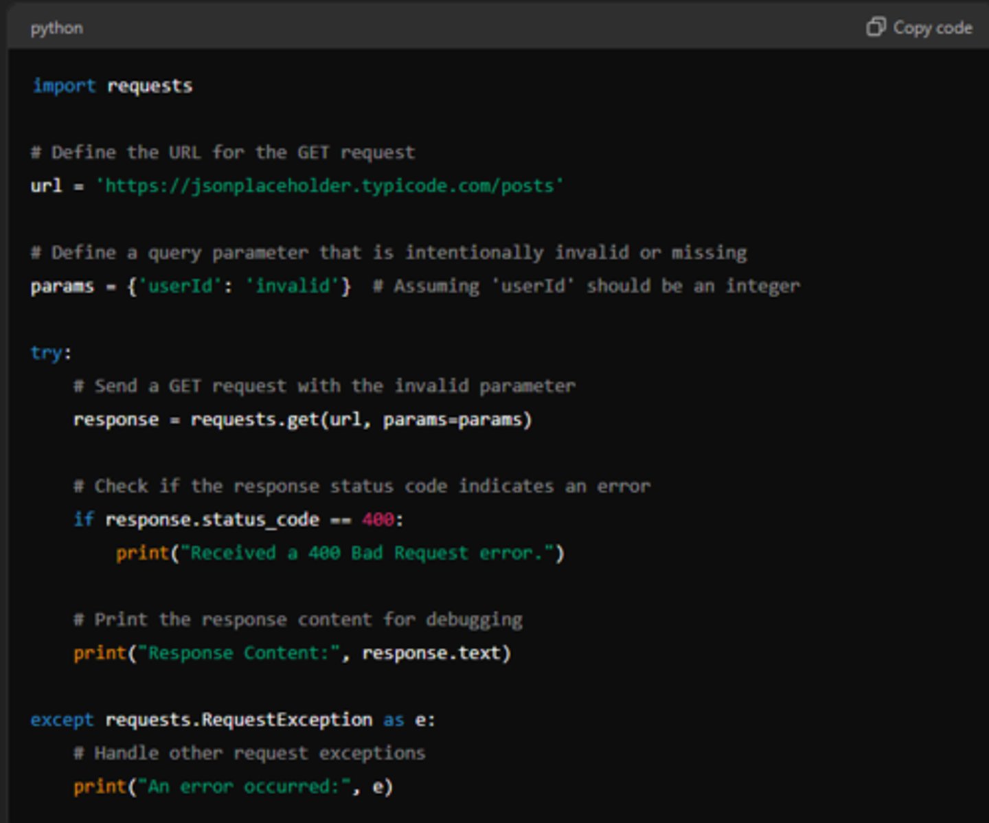 <p>Indicates that the server could not understand or process the request due to invalid syntax or bad formatting</p><p>This could happen due to: </p><p>malformed URL, missing required parameters, or incorrect data</p>