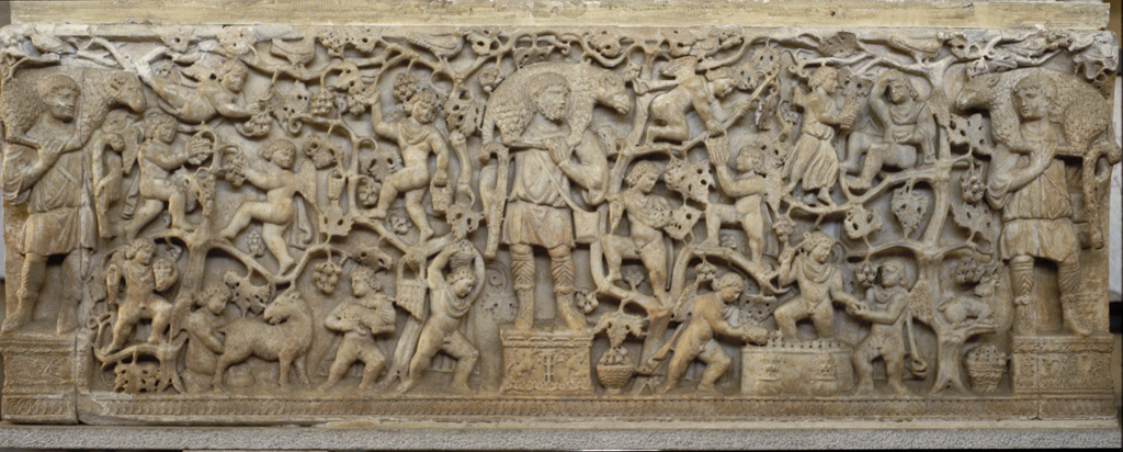 Putti harvesting grapes for wine