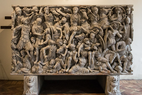 <p>-Late imperial Rome -c. 250 CE -Marble -High relief -Battle scene -Central figure in the middle, supposedly julius caesar -Classical -Tomb</p>