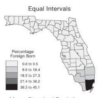 <p>Take the value span of the data to represent and split it equally based on numerical values</p>
