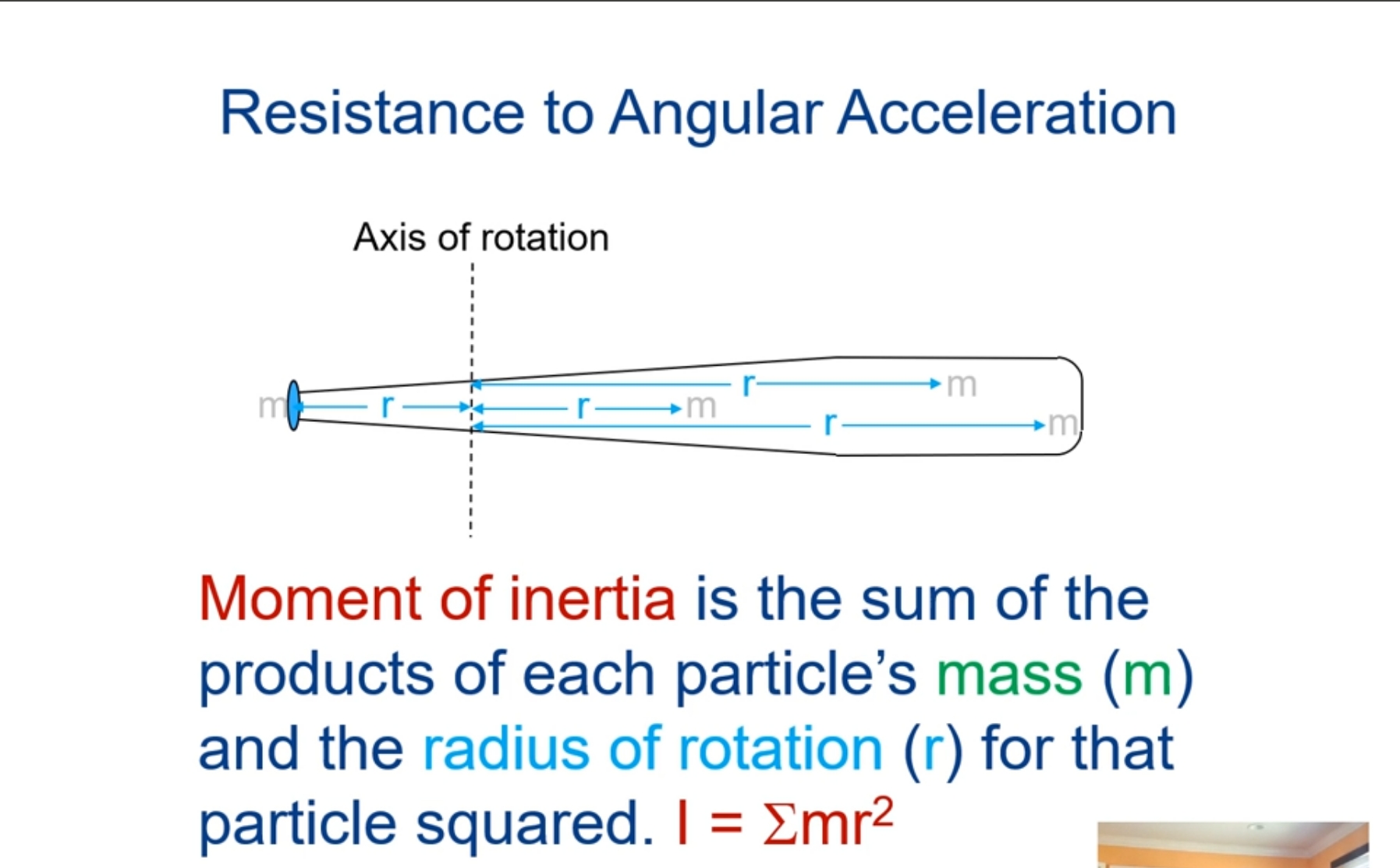 <p>The inertial property for rotating bodies represents resistance to angular acceleration based on both mass and distance the mass is distributed from the axis of rotation</p>