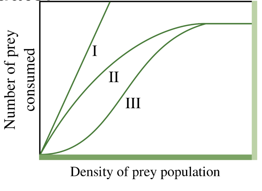 <ul><li><p><strong><span>Type I : Linear increase in consumption rate until satiation, then no change in consumption rate above satiation.&nbsp;</span></strong></p></li></ul><p><strong><br></strong></p><ul><li><p><strong><span>Type II: Consumption rate increases at a decelerating rate, gradually leveling off at maximum rate.&nbsp;</span></strong></p><ul><li><p><strong><span>Common&nbsp;</span></strong></p></li></ul></li></ul><p><strong><br></strong></p><ul><li><p><strong><span>Type III: Sigmoid increase in consumption rate as prey density increases.&nbsp;</span></strong></p></li></ul>