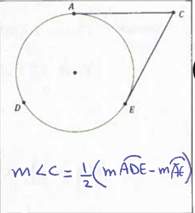 <p>measure of angle c = 1/2(measure of arc ADE - measure of arc AE)</p>
