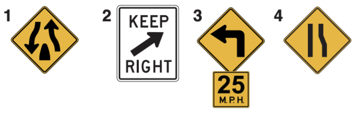 Which of these signs means that drivers should keep to the right?