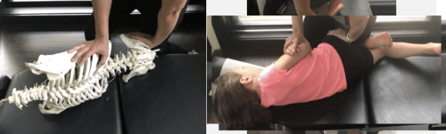 <p>PP: Basic side posture position with the dysfunctional side up - verbalize how you found the segment</p><p>DP: Modified fencer stance onside of dysfunction</p><p>CH: Caudal (L) hand, soft broad hypothenar contact R ischium</p><p>IH: Cephalic ( R) hand slight upward traction holding the pt's up-side shoulder or overlapping hand</p><p>LOD: CH: P-A, along shaft offemur to induce SIJ flexion</p>