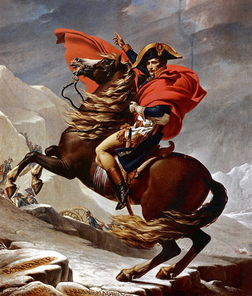 <p>Neoclassicism. Commissioned by Napoleon while he was still a general. Power of Art as propaganda. Heroic representation seen with the saturated colors, stable/composed look, Marcus Aurelius reference in pose, sun bathed, and mythologized depiction.</p>
