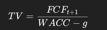 <p>Terminal value equals the next year’s free cash flow divided by the difference between the WACC and the perpetual growth rate</p>
