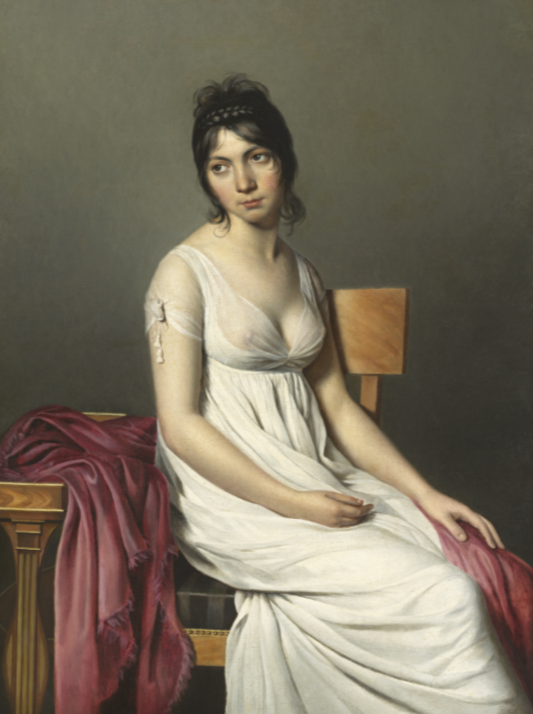 <ul><li><p>simple and natural aesthetic</p></li><li><p>sheerest fabrics, deep necklines that reached the waist, Hair in shaggy, unkempt looks. </p></li><li><p>Women wore very little underwear and no corsets</p></li><li><p>columnal skirts replacing voluminous petticoats. </p></li><li><p>little or no sleeves</p></li></ul><p></p>