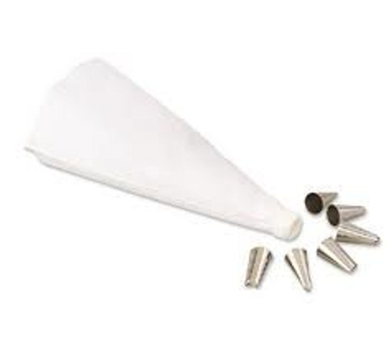 <p>Include piping bags (canvas, plastic, disposable), decorative tips (metal, plastic, of varying shapes), and presses (cylinders with a handle on one end that force dough through a metal cutout).</p>