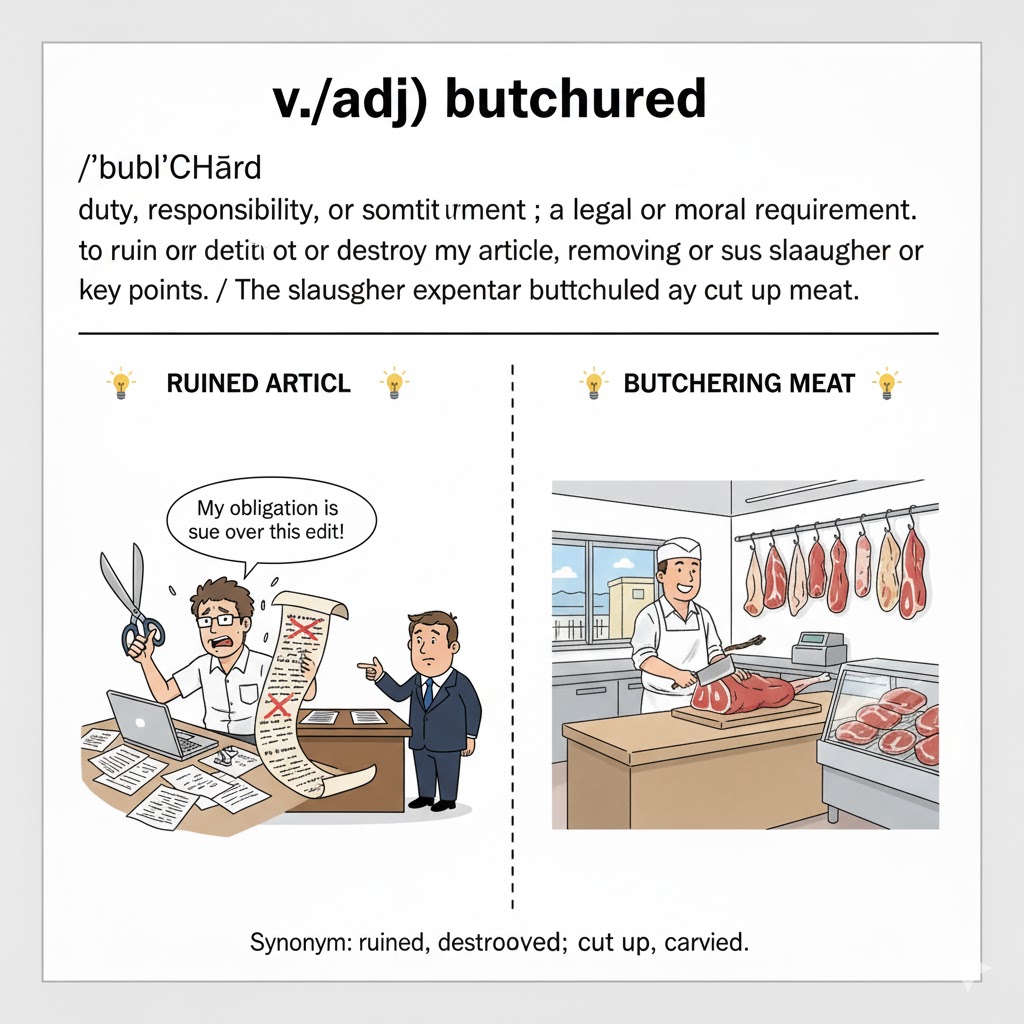 <ol><li><p>To ruin or spoil something badly; to perform a task very poorly or incompetently. (Phá hỏng, làm hỏng hoàn toàn, làm dở tệ một công việc, một màn trình diễn, hoặc một tác phẩm)</p></li></ol><p>X:</p><ol><li><p>To slaughter or cut up (an animal) for food. (Giết mổ, xẻ thịt [động vật] để làm thức ăn</p></li><li><p>To murder or massacre people, often in a particularly brutal manner. (Thảm sát, giết hại dã man [người])</p></li></ol><p></p>