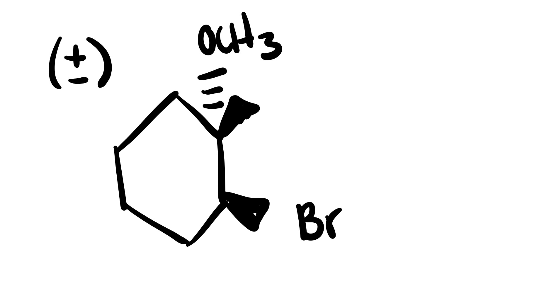 <p><span>The double bond is broken. The methyl group, and Br added are wedges, and the OCH3 is added to the methyl carbon on a dash (add plus/minus sign).</span></p>